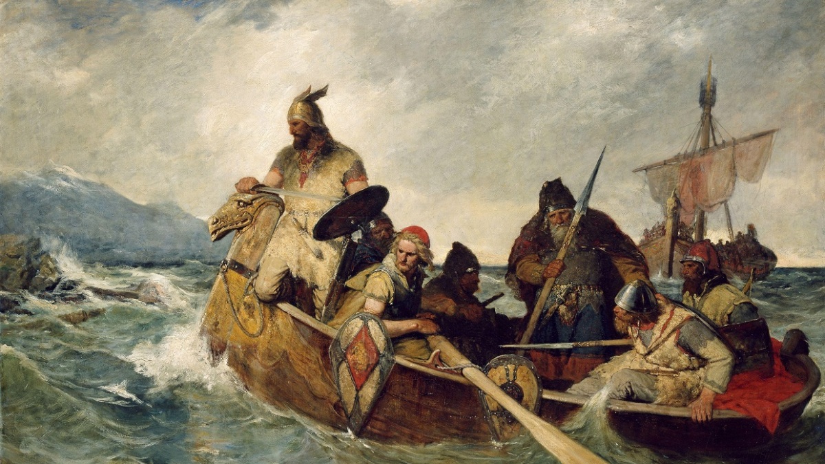 Vikinger i lite vikingskip med dragehode. Maleri.